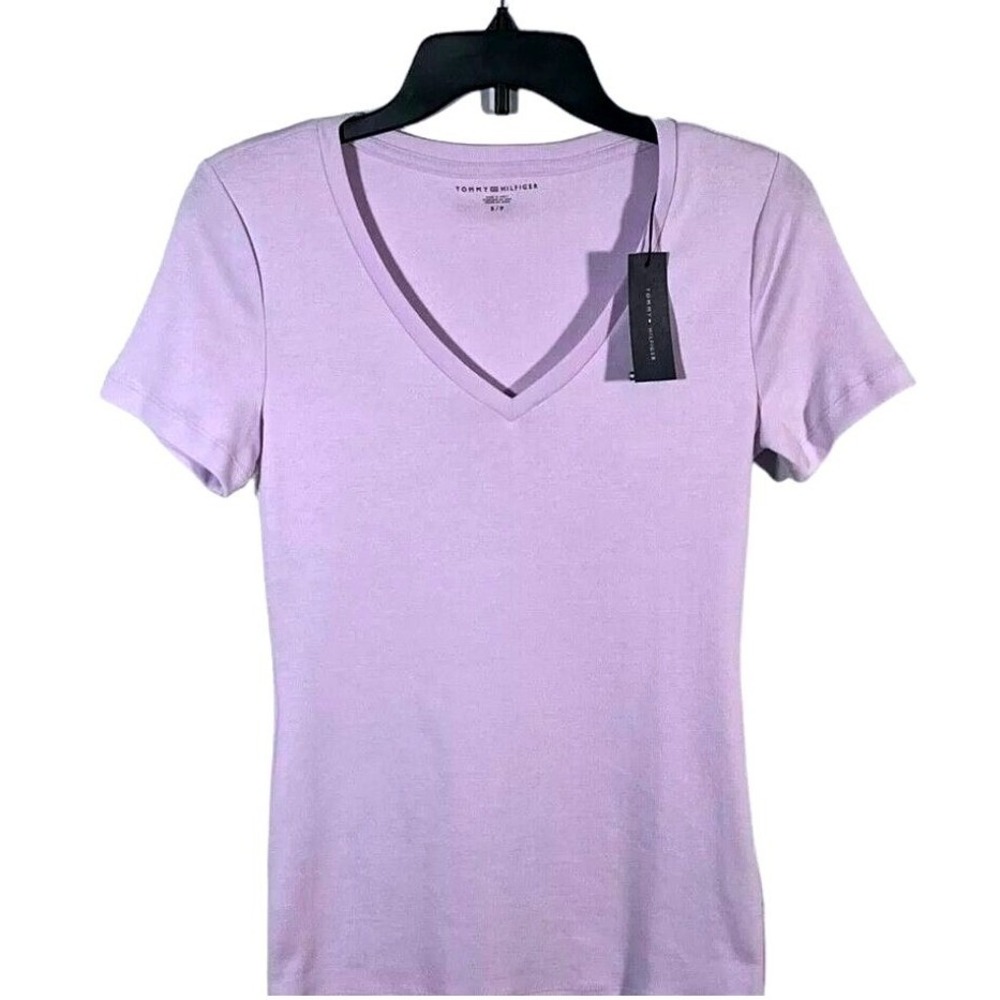 Tommy Hilfiger Women's V-Neck Top Size S Lavender Stretch Fabric 100% Cotton